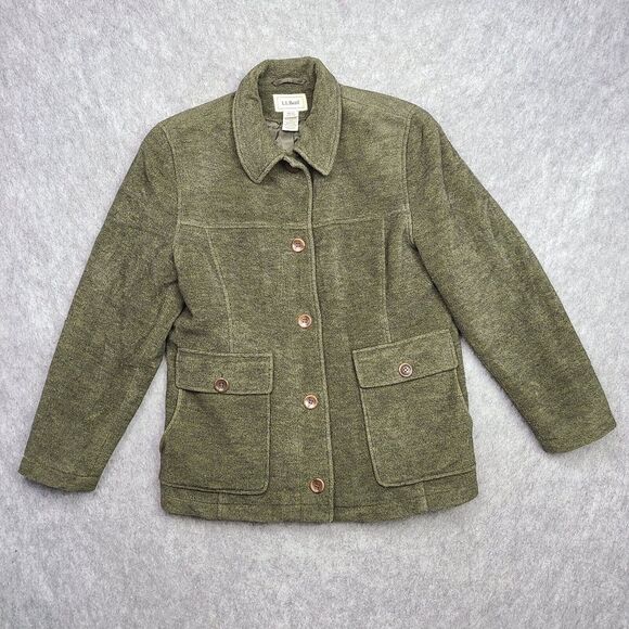 LL Bean Wool Shirt Jacket Shacket Womens S Petite Green‎ Equestrian Barn Coat - Picture 1 of 9